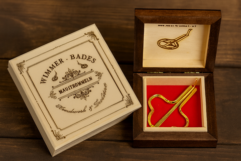 Maultrommel Wimmer-Bades Gold in Lyraform mit Holzkassette