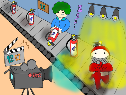 工場ラインで夜勤をするアオボーと録画される消影くん