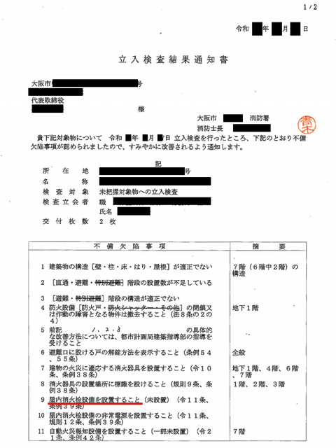 消防　立入検査結果通知書　屋内消火栓