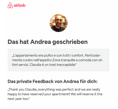 Google Übersetzer: "Die Wohnung war sauber und mit allem Komfort ausgestattet. Besonders gepflegte, ruhige und komfortable Gegend mit exzellentem Service. Claudia ist eine makellose Gastgeberin."