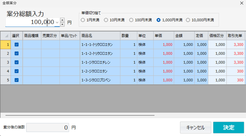 金額の自動按分機能