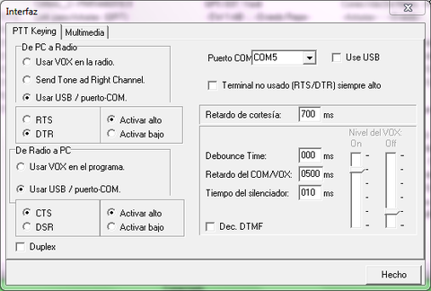 Usar USB / puerto COM en parte izquierda de Radio a PC solo para equipos con cable de datos- En walkies se pondrá Usar VOX en el programa.- Lo de mas poner el puerto que te indica el Interfaz que hayas comprado