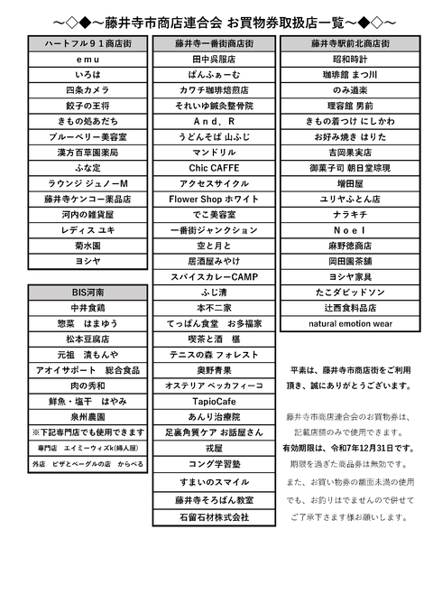 藤井寺市商店連合会　お買物券取扱店一覧