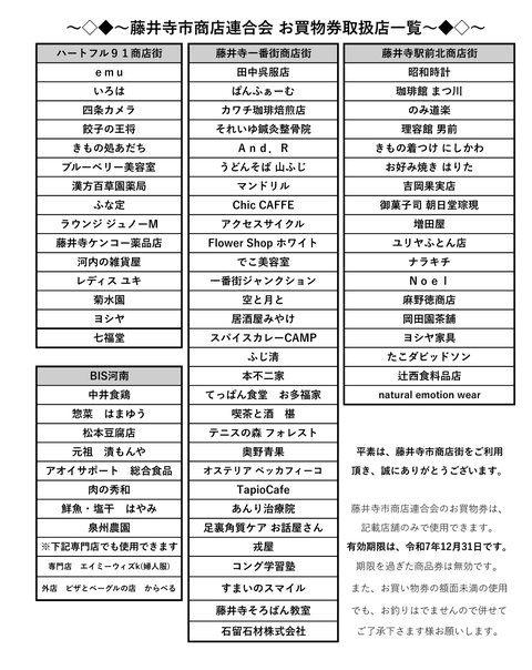 藤井寺市商店連合会　お買物券取扱店一覧