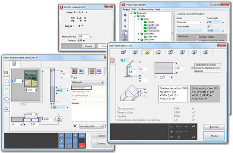 Dialogs for roof areas, windows, project management and check measurement