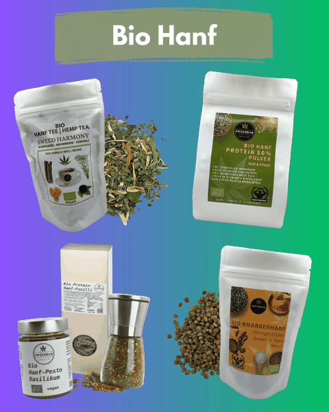 Bio Hanftee, CBD Tee, lose Kräuterteemischungen, Hanf Protein Pulver, Bio Knabberhanf Sweed ´n´ Spicy von Sweedbar, Hanf-Bruchetta-Mix, Hanf Nudeln, Spaghetti, Hanf Pesto Tomate, Bio Hanf Lebensmittel