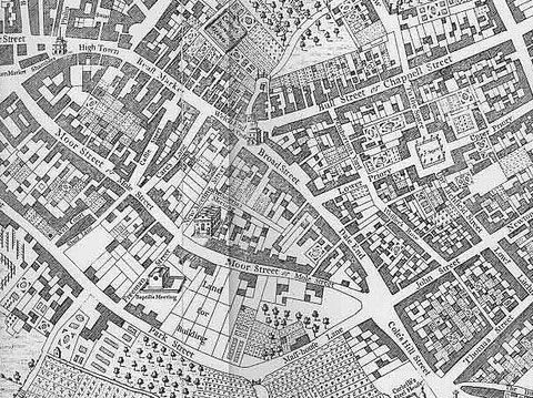 Dale End, shown on Westley's 1731 map. Note: the map is oriented with west at the top. Image downloaded from Wikipedia. See Acknowledgements.