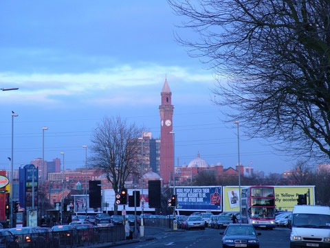 Taken at dusk at the Sainsbury's junction on the Bristol Road looking towards the University. Image by Pete Ashton reusable under Creative Commons Licence Attribution-Noncommercial 2.0 Generic. See Acknowledgements for a link to the flickr website