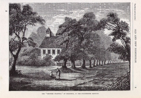 A conjectural view of Deritend Chapel in the Middle Ages. Image scanned from R K Dent Old & New Birmingham 1880, downloaded from sally_parishmouse on flickr. For a direct link to Sally Lloyd’s Parishmouse website see Acknowledgements.