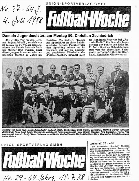 Artikel zum 50. Geburtstages von Christian Zschiedrich, obere Reihe zwischen Manfred Werner und Peter Groß. Faksimile Sportick