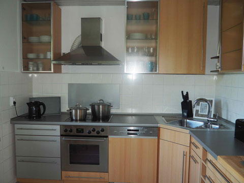 Die hochwertige Einbauküche ist ausgestattet mit einem Kühlschrank mit Biofreshfunktion, Gefrierschrank, Ceranfeld, Backofen mit Heißluft, großem Dunstabzug, Kaffemaschine, Geschirrspülmaschine, moderner Mikrowelle mit Grillfunktion+ Wasserkocher.