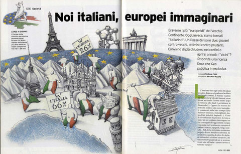 ITALIANI EUROSCETTICI? di A.Molino. Matite su carta. Da GEO, 2006.