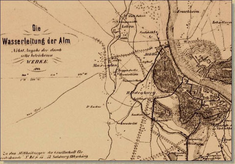 Historische Karte: An der engsten Stelle führt der Stiftsarm durch den Festungsberg und Mönchsberg.