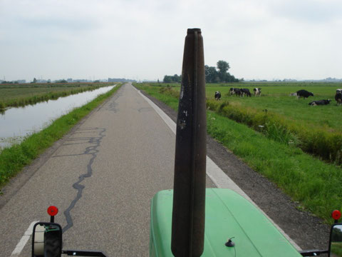 Holld. Landwirtschaftsweg. Links eine Polderkanal, ca. 7 mtr. breit. Rechts, holld. Käse noch nicht verarbeitet. Grundwasserstand zw. Kannal u. Kühen ca. 40-60 cm
