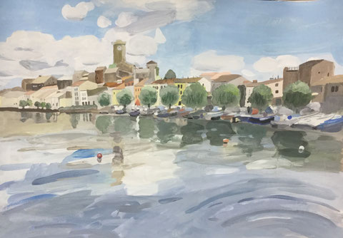 娘が中学生の時に描いたイタリアの美しい村 帰国後スケッチと画像をもとに制作
