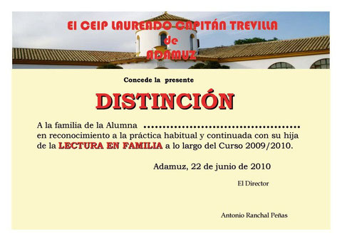 Diploma de reconocimiento a las familias de su compromiso con el Proyecto "LEER EN FAMILIA"