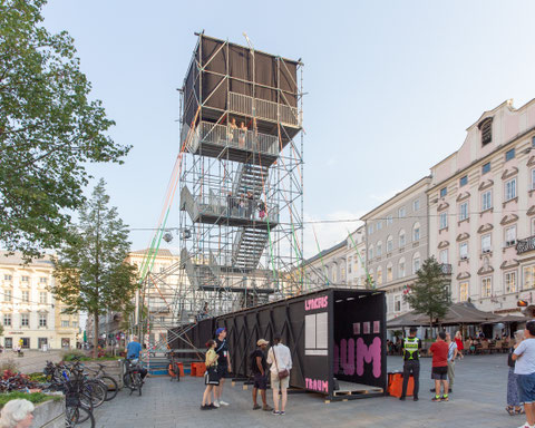 A public tower art installation made of scaffolding on Linz's main square for the Ars Electronica Festival - University of Arts Linz