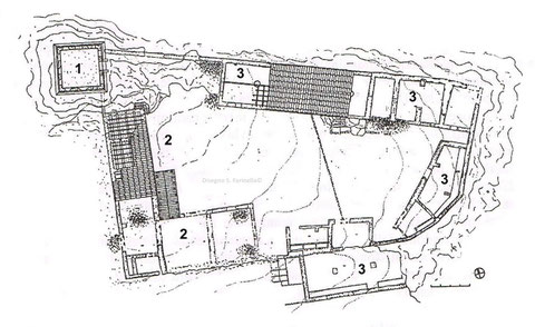 Planimetria della masseria fortificata di Bordonaro Soprano (disegno S. Farinella©): 1 torre - 2 edifici abitativi - 3 edifici di servizio