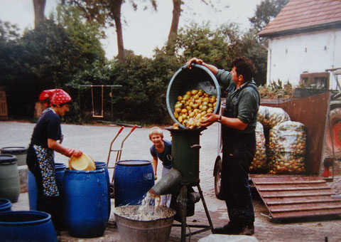 Anita und Rudolf Hemmer bei der Zerkleinerung des Obstes.