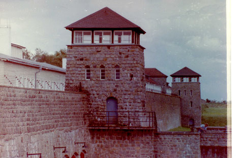 Wachtürme des von hohen Mauern umgebenen Lagers auf einer Anhöhe bei Linz (Österreich).