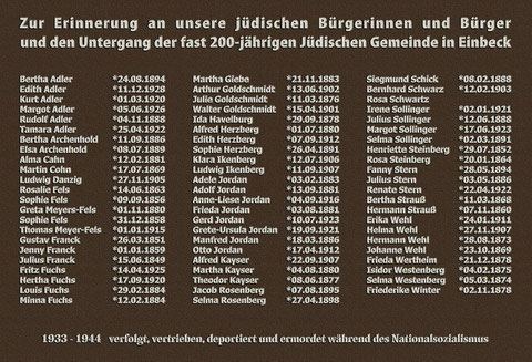 Gedenktafel für die ehemaligen jüdischen Bürgerinnen und Bürger von Einbeck vom 9. 11.  2008