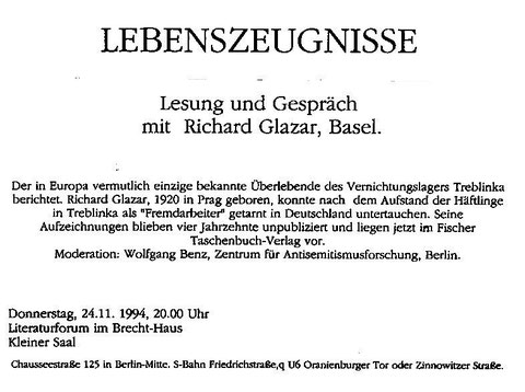 Ankündigung von Lesung und Gespräch mit Richard Glazar im Literaturforum im Brecht-Haus