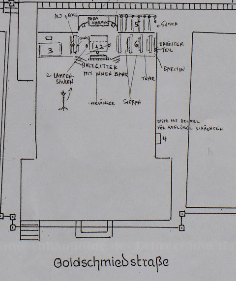 Skizze von Manef Biran, mit freundl. Genehmigung aus: Otto Werner: Synagogen und jüdischer Friedhof in Hechingen. Hechingen 1996, Seite 71, alle Rechte vorbehalten!