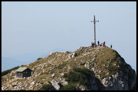 Der lt. Wikipedia 1800, 447 m hohe Westgipfel der Benediktenwand mit Gipfelkreuz. Der Ostgipfel  ohne Kreuz  ist übrigens 13 Zentimeter höher.