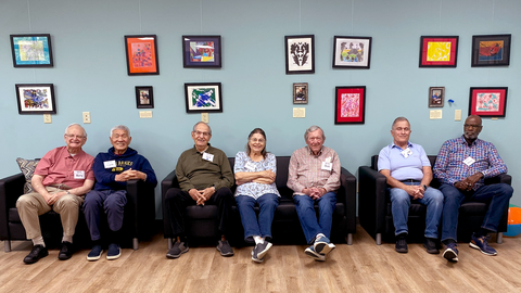 Participants in Jewish Family Service Adult Day Services program (ADS) proudly display their work. ADS helps older adults with memory challenges by regularly exposing them to physical, social, and cognitive activities—including art.