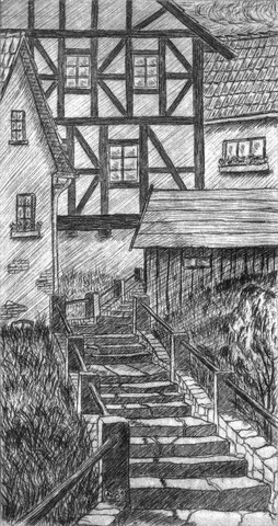 02 Treppenaufgang zur Heidecksburg in Rudolstadt - Kaltnadelradierung, 14x7,5cm (08.1981) - nach eigener Zeichnung