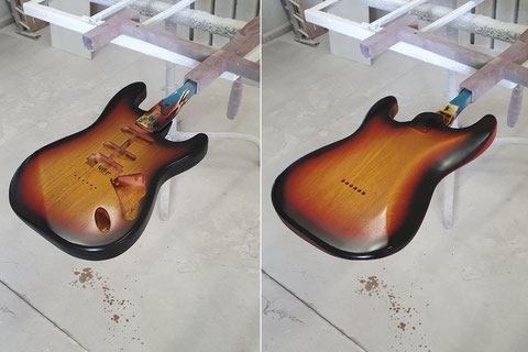 Als 3. und letzten Gang kommt dann das Schwarz dran. Jetzt sieht es nach einem sauberen 3-Ton Sunburst aus.