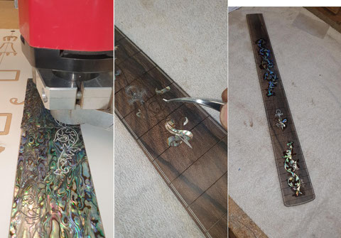 Das Inlay besteht aus unterschiedlichen Materialien. Muschel und Aluminium werden vorbereitet und ins Griffbrett eingearbeitet.
