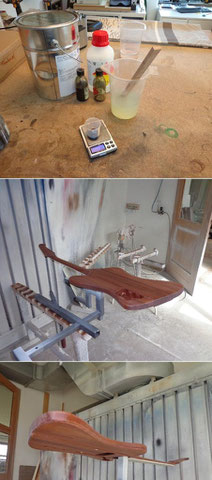 Am nächsten Tag wird alles angeschliffen und die Gitarre zum Lackieren vorbereitet.