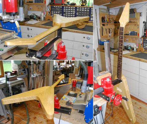 Nach dem verleimen des Griffbrettes wird das Holz isoliert, um eine gute Lackhaftung zu gewährleisten.