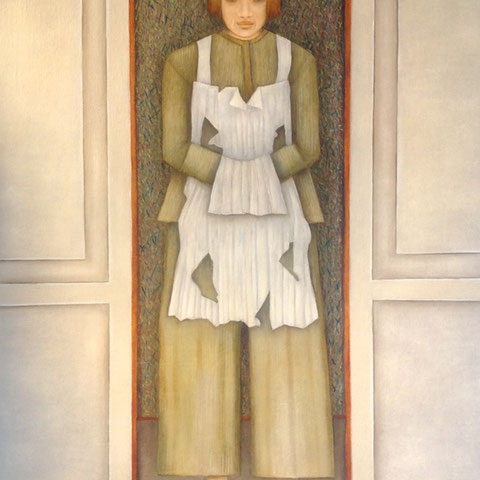 michou hutter, "figur mit schürze", 2012, 90 x 65 cm, öl auf leinwand – erlas galerie
