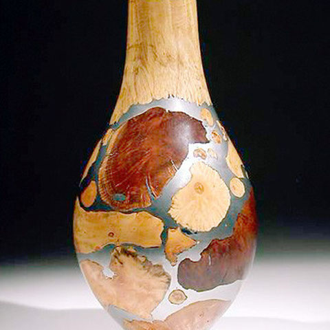 vase mosaique - loupe d'erable, buis, bruyére, étain  h 25 cm - 1997