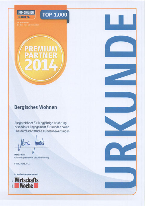 Premium Partner Bergisches Wohnen Auszeichnung 2014  Immobilienmakler Ulrike Peters