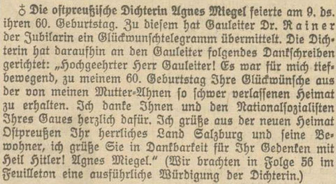 Dankschreiben von Agnes Miegel an Gauleiter Friedrich Rainer. Quelle: Salzburger Volksblatt, 1939