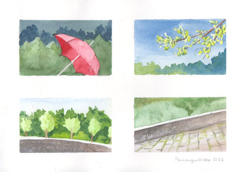 Aquarellskizze "Thumbnails im Park": Übung für Aquarellskizze, Schirm, Zweig, Bäume und dunkler Himmel