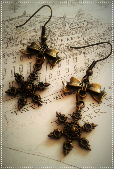 Steampunk Snowflake Earrings with Bronze Bows