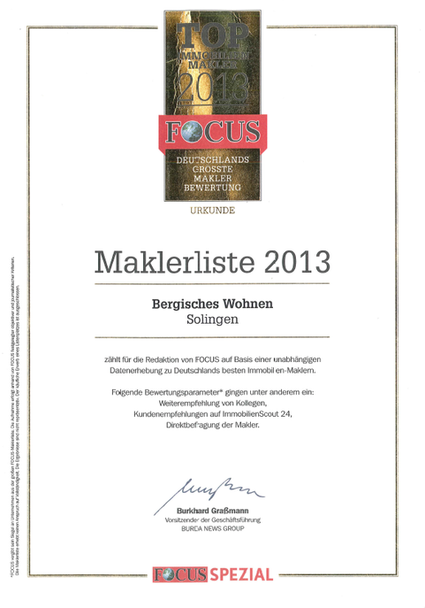 FOCUS Auszeichnung Immobilienmakler 2013 Bergisches Wohnen Ulrike Peters Solingen