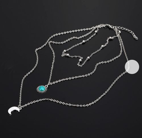 Collier fantaisie multi rang argenté et bleu demi lune en alliage de zinc