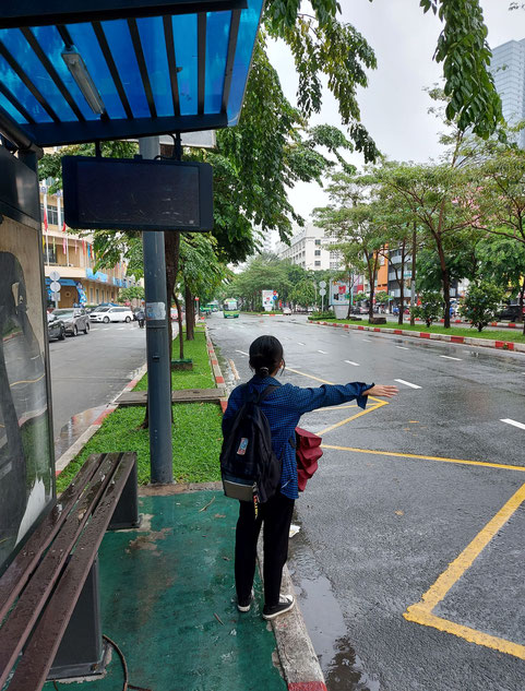 遠くから来るバスの番号を見定めてバスに止まってもらおうとする若いベトナム人女性