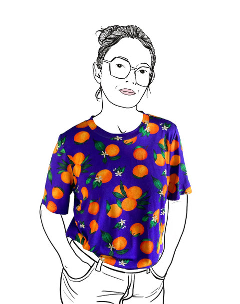 T-shirt Luz Melle création motif oranges fond violet fabriqué en france