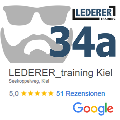 LEDERER_training LOGO oben rechts im Bild | LEDERER_training Kiel knapp unterhalb der Mitte d. Bildes | der Sonnenbrillenmann mit Bart (Silhouette) oben im Hintergrund links, rechts fett 34a. Unten: 5,0 und 5 Sterne bei 43 Rezensionen bei Google