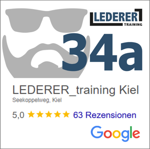 LEDERER_training LOGO oben rechts im Bild | LEDERER_training Kiel knapp unterhalb der Mitte d. Bildes | der Sonnenbrillenmann mit Bart (Silhouette) oben im Hintergrund links, rechts fett 34a. Unten: 5,0 und 5 Sterne bei 43 Rezensionen bei Google