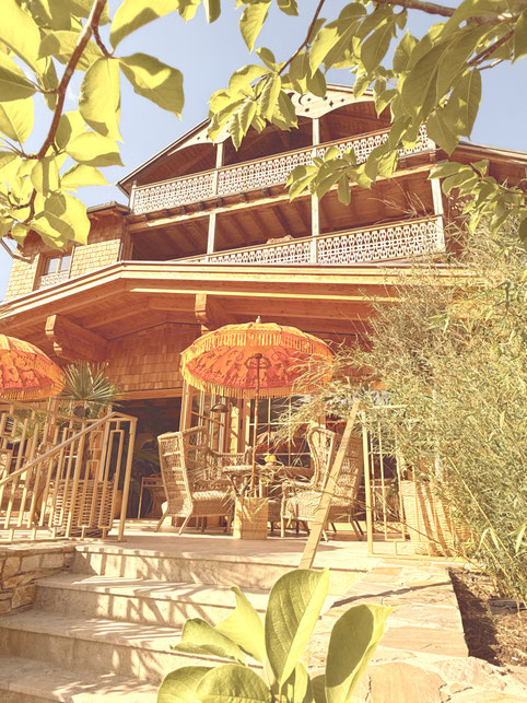 Wunderschöne, sonnige Terrasse mit Rattansesseln und -tischen, orangefarbenen Bali Sonnenschirmen umrahmt von Bambuspflanzen, Palmen und Blumentöpfen.  