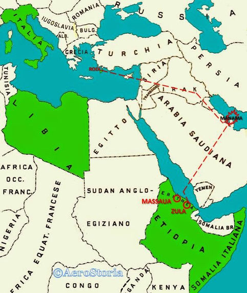 La traversata che dovevano compiere gli SM82: decollando da Gadurrà nell'isola di Rodi, attraverso Siria e Irak, giungere nelle Bahrain e colpire Manama. Per il rientro giungere in Eritrea e Massaua, ma non andò come vedremo.