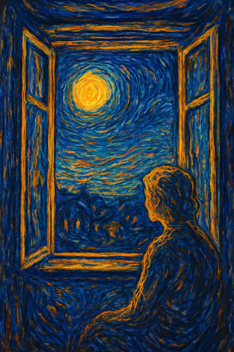 Vor einem geöffneten Fenster bei nächtlichem Vollmond sitzt eine Person. Der Stil ähnelt dem von van Gogh. Erstellt mit ChatGPT.