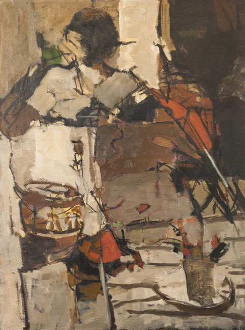 Chittrovanu MAZUMDAR (1956-) Atelier de l’artiste,  Huile sur toile, oil on canvas, annotation sur le chassis, 102 x 75 cm, expose à la galerie agnes thiebault
